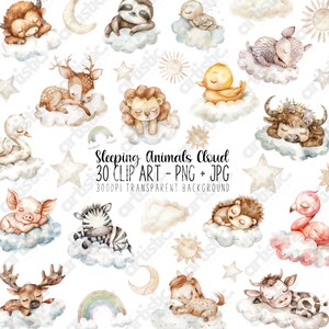 Watercolor Animals Sleeping, Clipart Bundle - Cute Baby Animal PNG, Safari Nursery Art, Jungle Baby Shower, Wild One Birthday