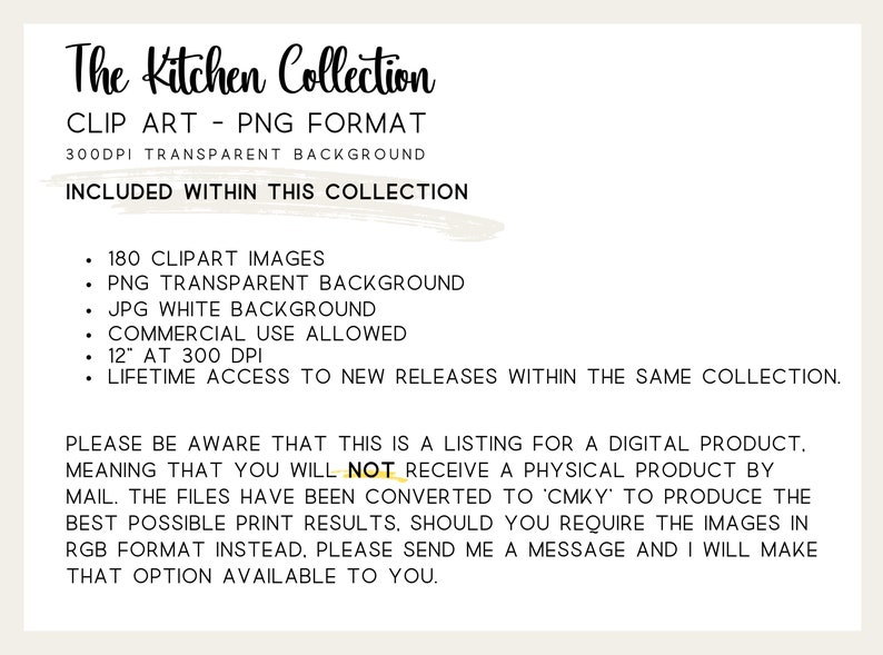 Slide detailing what's included in the digital download: 180 Kitchen-themed clipart images in PNG and JPG format, personal and commercial use license, and unlimited access to the download folder