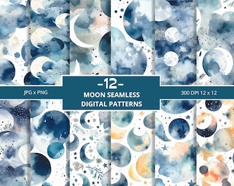 May include: Twelve digital seamless patterns featuring watercolor moons, stars, and clouds in shades of blue, yellow, and white. The patterns are 12 inches by 12 inches and 300 DPI.