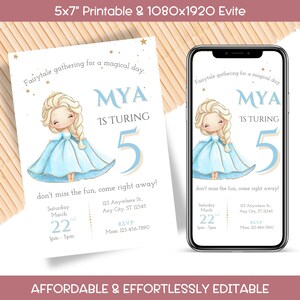 Tarjeta de invitación de cumpleaños de princesa, vestido azul de princesa con Evite personalizable incluido, realza tu cumpleaños con esta plantilla imprimible