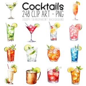 Cocktail-clipartbundel – 248 aquareldrankjes, kenmerkende slokjes, tropische mocktails voor barmenu's, trouwborden en feestdecor