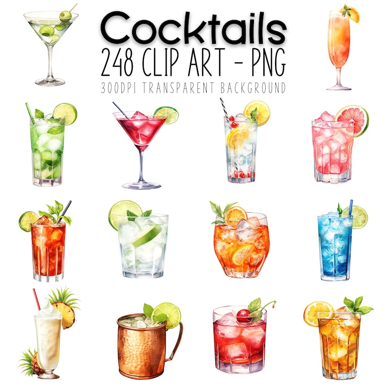 Square preview image showing a selection of cocktail clipart with title and quantity at the top, set against a white background.