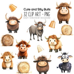 Niedliches Stier Clipart Bundle - Aquarell Bauernhof Set, süßer Mini Stier, Taurus Magnet Aufkleber, Ochse Kunstwerk für Ochsen Rinder-Shirts, westliche PNGs