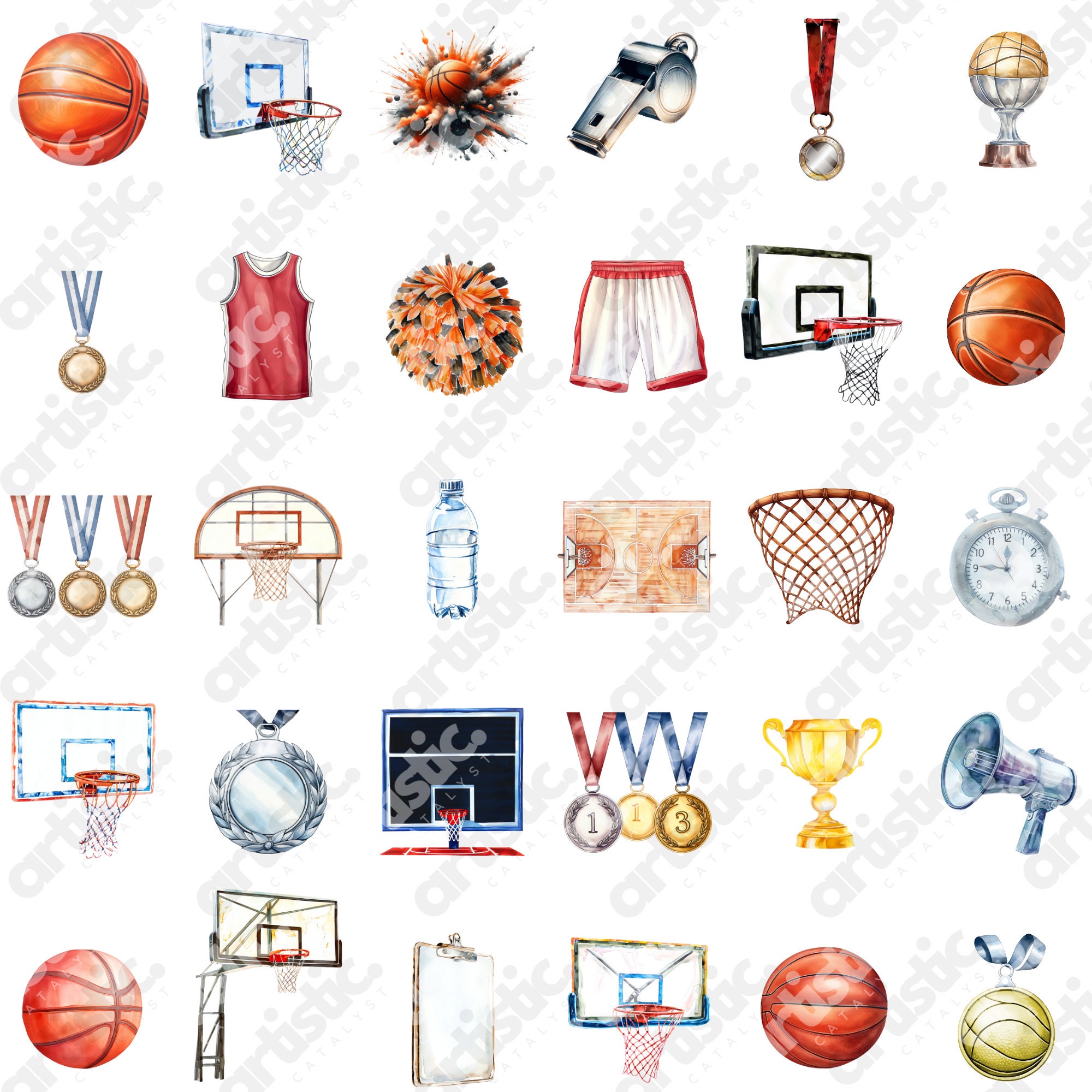 Watercolor Basketball Clipart Bundle: Sports Fan PNG & JPG (110 Images ...