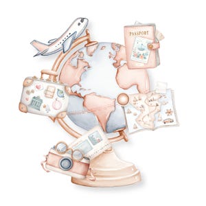 Puede incluir: Ilustración en acuarela de un globo terráqueo rodeado de objetos de viaje. Un avión rosa claro, una maleta, un pasaporte, un mapa y una cámara están dispuestos alrededor del globo. El globo es azul claro y rosa, con un soporte beige.