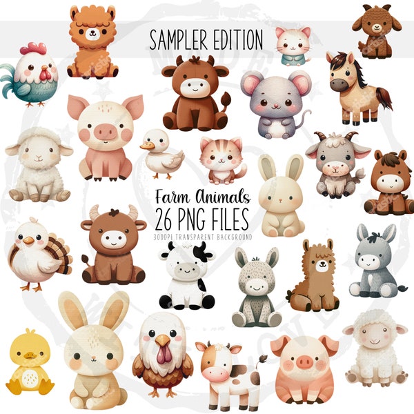 Farm Animals Clipart Sampler Edition - Acuarela Bebé & Vivero Animales PNG, Decoración Linda, Regalos para niños pequeños, Descarga Instantánea