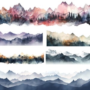 Mountain Clipart Borders PNG JPG Bundle, Watercolor Digital Scrapbooking Elements, Transparent Background, DIY Sublimation Art, Nature