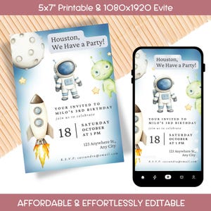 Astronaut Einladung Vorlage - Geburtstagskarte Evite Anpassbare für Weltraum Baby Shower Digitaler Download Printables Lädt ein