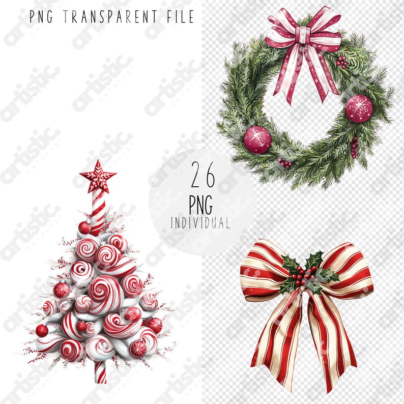 Candy Cane Christmas Clipart Bundle: Watercolor Holiday PNG (300 DPI ...