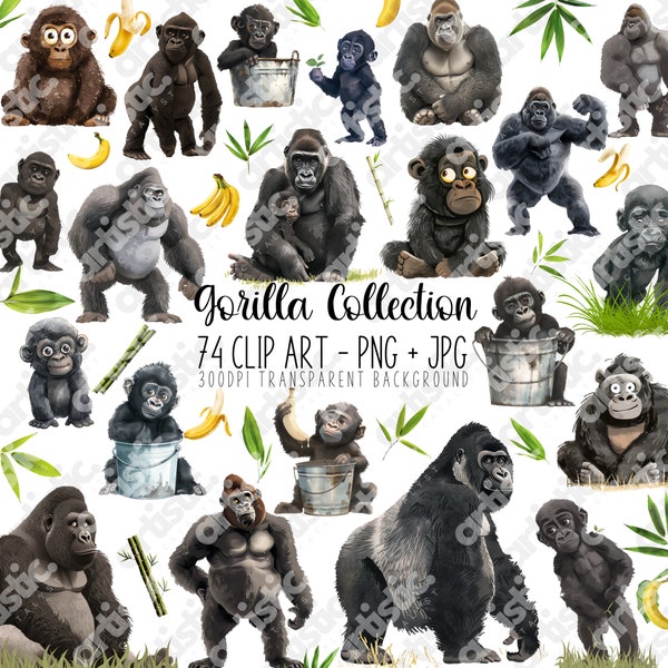Gorilla Png Watercolour Clipart, King Kong Inspired, Ape Decal, Endangered Species Art, Ideal for Crafting and DIY Projects