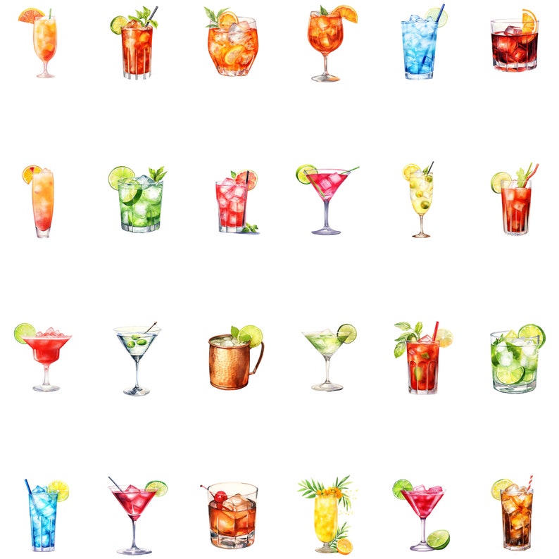Artistic arrangement of individual cocktail-themed clipart images on a black background, showcasing the design elements.
