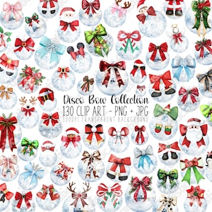 Paquete de imágenes prediseñadas de bola de discoteca: lazos navideños con diseños de Papá Noel, renos y elfos, PNG de fiesta navideña retro, adornos de discoteca con purpurina