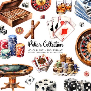 Clipart di casinò, 60 clip art di poker, acquerello PNG/JPG, sfondo trasparente, sublimazioni fai da te, grafica per la creazione di biglietti