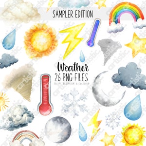 Bundle de cliparts météo, aquarelle PNG, foudre, nuages, pluie, soleil, lune, tornade, arc-en-ciel | Stickers classe et agenda | Album de coupures