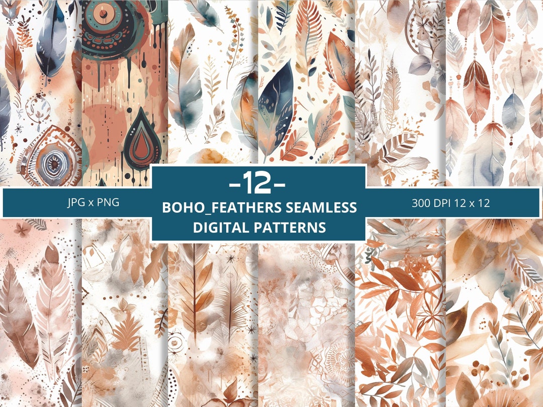 Neutral Feather Pattern Boho Feather Watercolor Patterns: Neutral Seamless Digital Paper ...