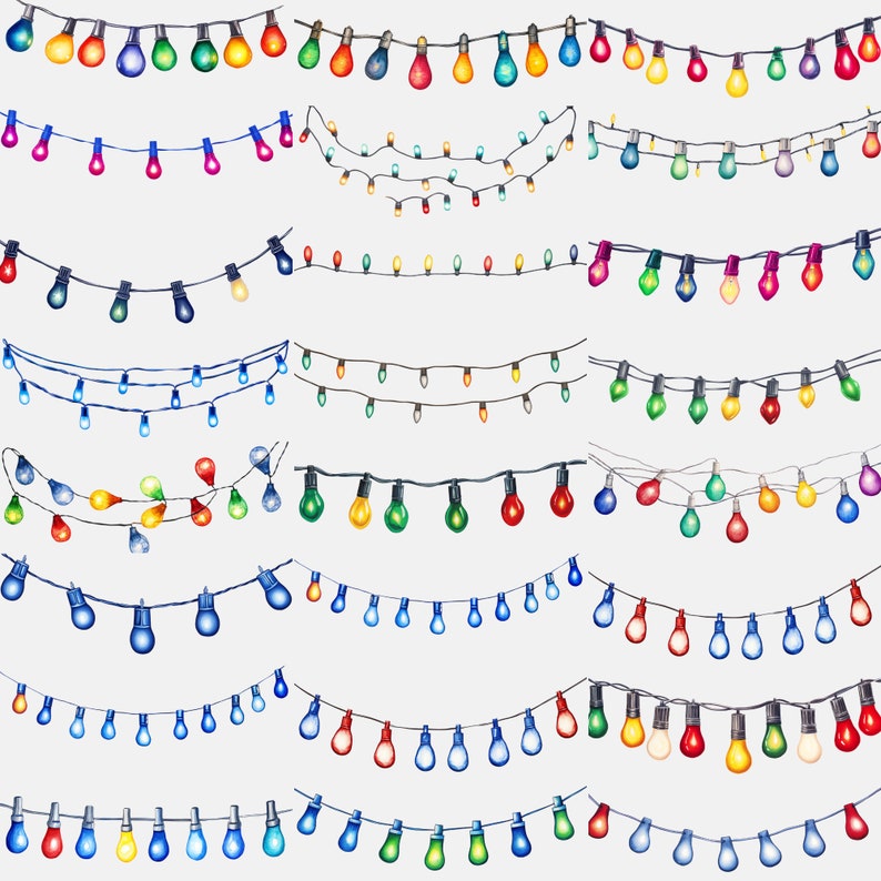 Horizontal & vertical Christmas Tree Light graphics, clear white background for seamless clipart display.
