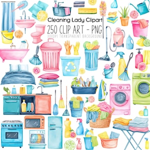 Iconos de imágenes prediseñadas de señora de la limpieza: 250 gráficos de tareas domésticas en acuarela, PNG de tareas domésticas y de mucama para planificadores, perfectos para TPT y sublimación
