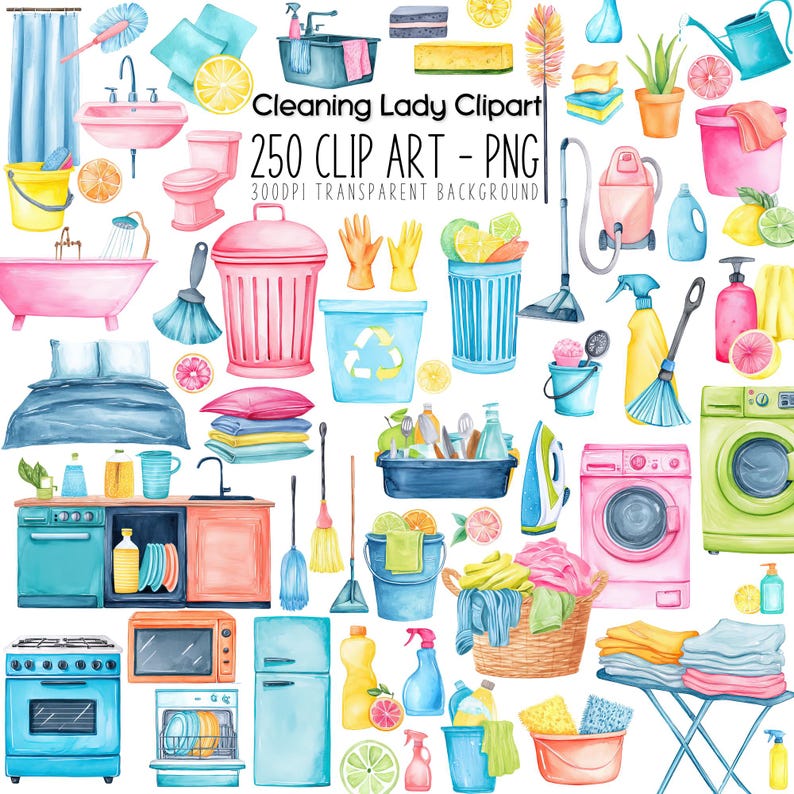 Cleaning lady clipart washing machine watercolor PNG for laundry planner stickers