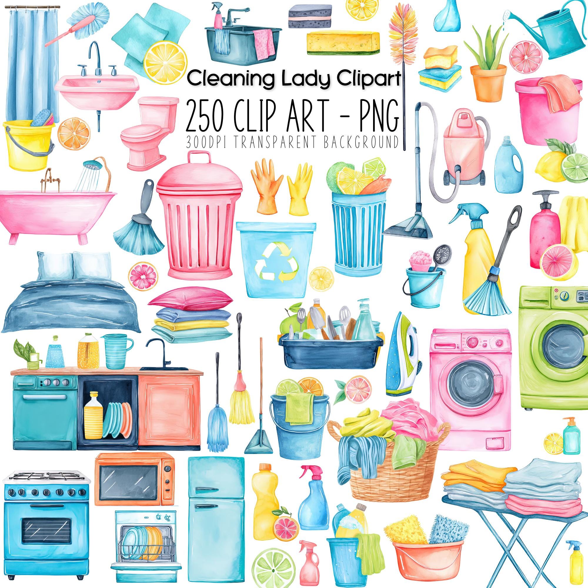 Cleaning Clipart Watercolor Bundle: 250 Housekeeping PNG Graphics (Digital Download)