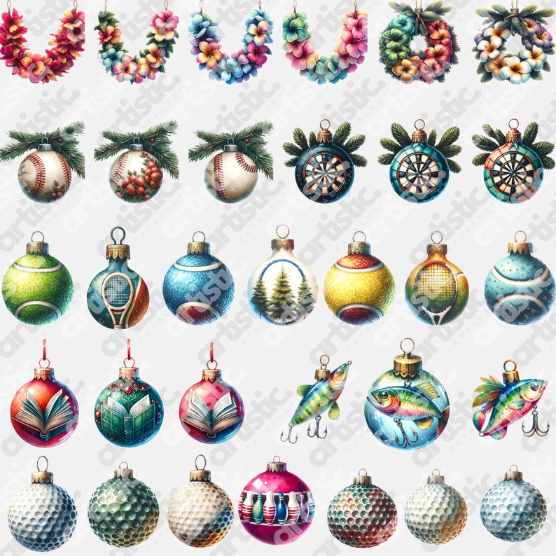 Collection of sports-themed clipart like Golfing Balls and Fishing Lures, presented on a gray checkered transparent background, emphasizing the intricate artistry.