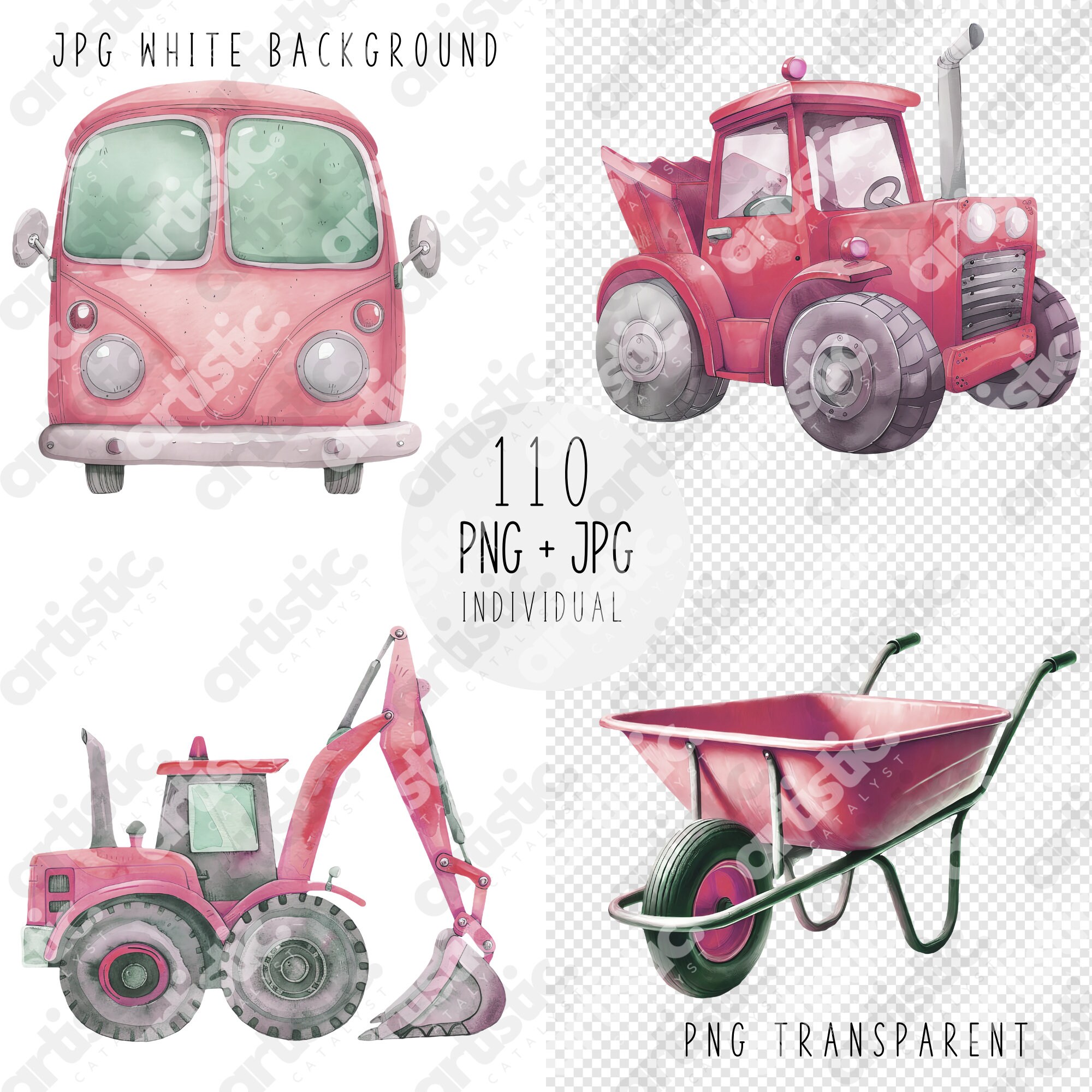 Pink Diggers Vector Pink Tractor Clipart and Construction Vehicles for Girls – Digger ...