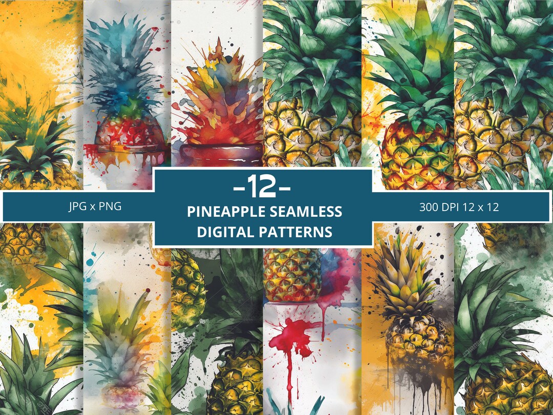 12 Watercolour Pineapple Seamless Digital Papers, Commercial Use ...