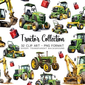 Ensemble de 32 cliparts tracteurs inspirés de John Deere, ensemble de cliparts à l'aquarelle - tracteurs, bulldozers, pelles