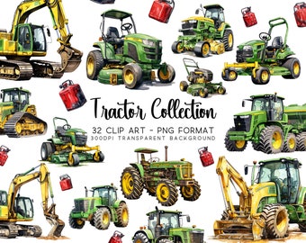 Tractor Clipart Set 32 John Deere Inspired Bundle Clip art set, In Watercolor - Tractors, Bulldozers, Excavators