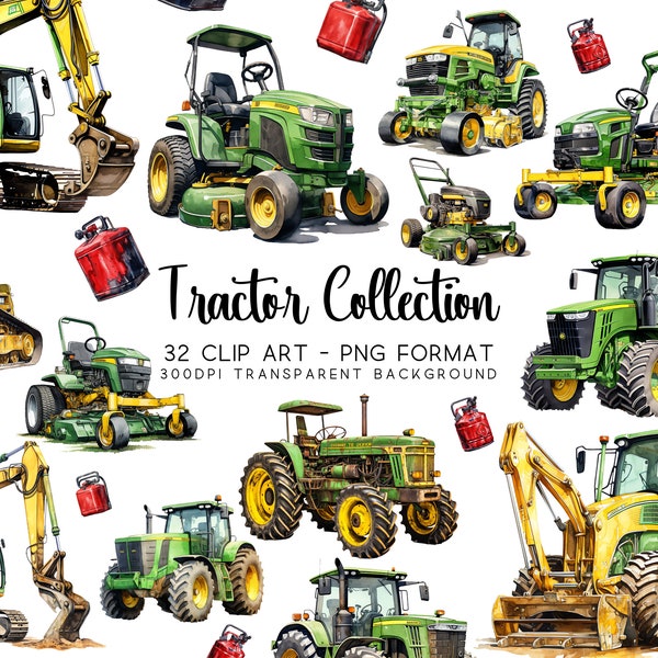 Traktor-Clipart-Set 32 John Deere inspiriertes Bundle ClipArt-Set, in Aquarell - Traktoren, Bulldozer, Bagger