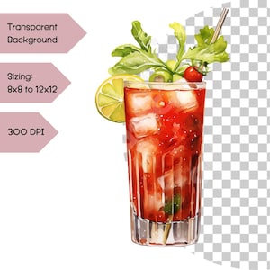 Close-up view of a bloody mary cocktail PNG clipart with transparent background, shown with size and resolution info.