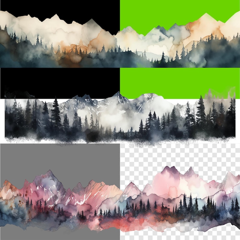 Mountain Clipart Borders PNG JPG Bundle, Watercolor Digital Scrapbooking Elements, Transparent Background, DIY Sublimation Art, Nature