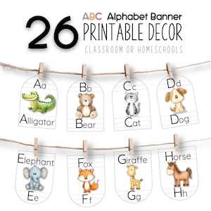 Tarjetas de exhibición del alfabeto con animales, pancarta de pared ABC imprimible en PDF, decoración de aula de la A a la Z para preescolar, tarjetas de letras Montessori para maestros