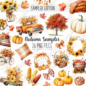 Autumn Clipart Bundle- Watercolor Fall Prints, 26 PNG Image Files, Cozy Autumn Decor, Perfect for Scrapbooking, Reading Nook