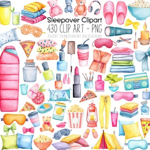 Bundle de cliparts soirée pyjama, ensemble de conception de filles, pyjama thème PNG, graphismes pop-corn, art masque de sommeil, sublimation de bataille d'oreillers