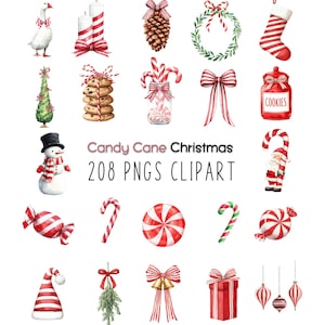 May include: Watercolor Christmas clipart featuring various festive elements. Includes a goose, candles, pinecone, wreath, stocking, Christmas tree, cookies, candy canes, bows, snowman, Santa, ornaments, and gift box. Text reads "Candy Cane Christmas 208 PNGS CLIPART."