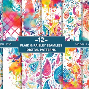 May include: Twelve digital seamless patterns featuring a plaid design and paisley motifs in a watercolour style. The patterns are in bright colours, including pink, blue, yellow, green, and orange, on a white background.