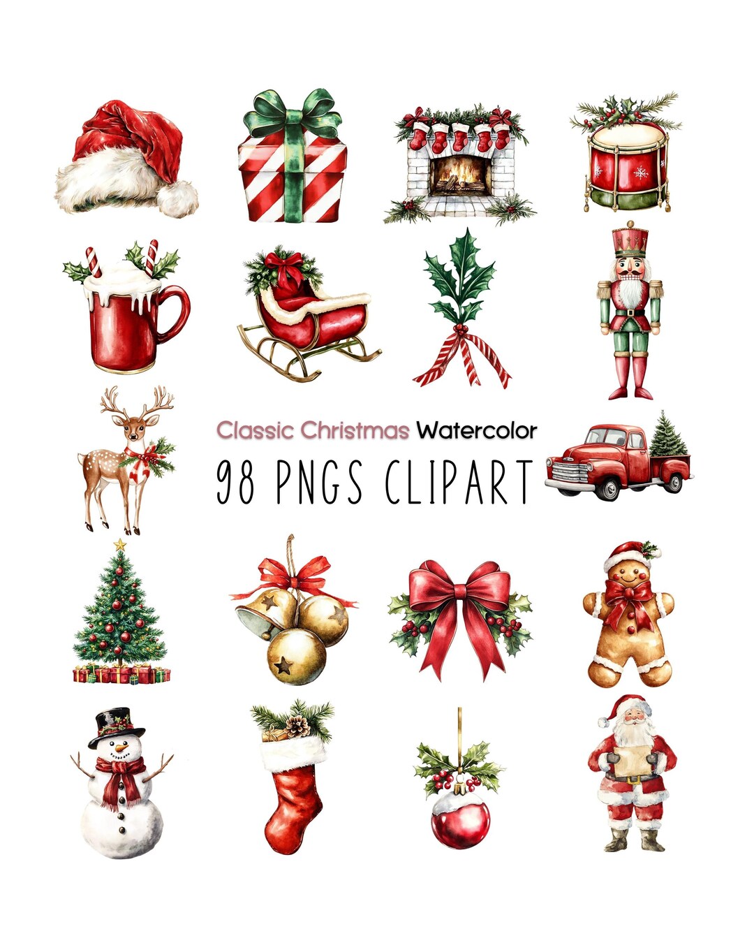 Classic Christmas Clipart Watercolor Holiday PNG Bundle 98 Vintage ...