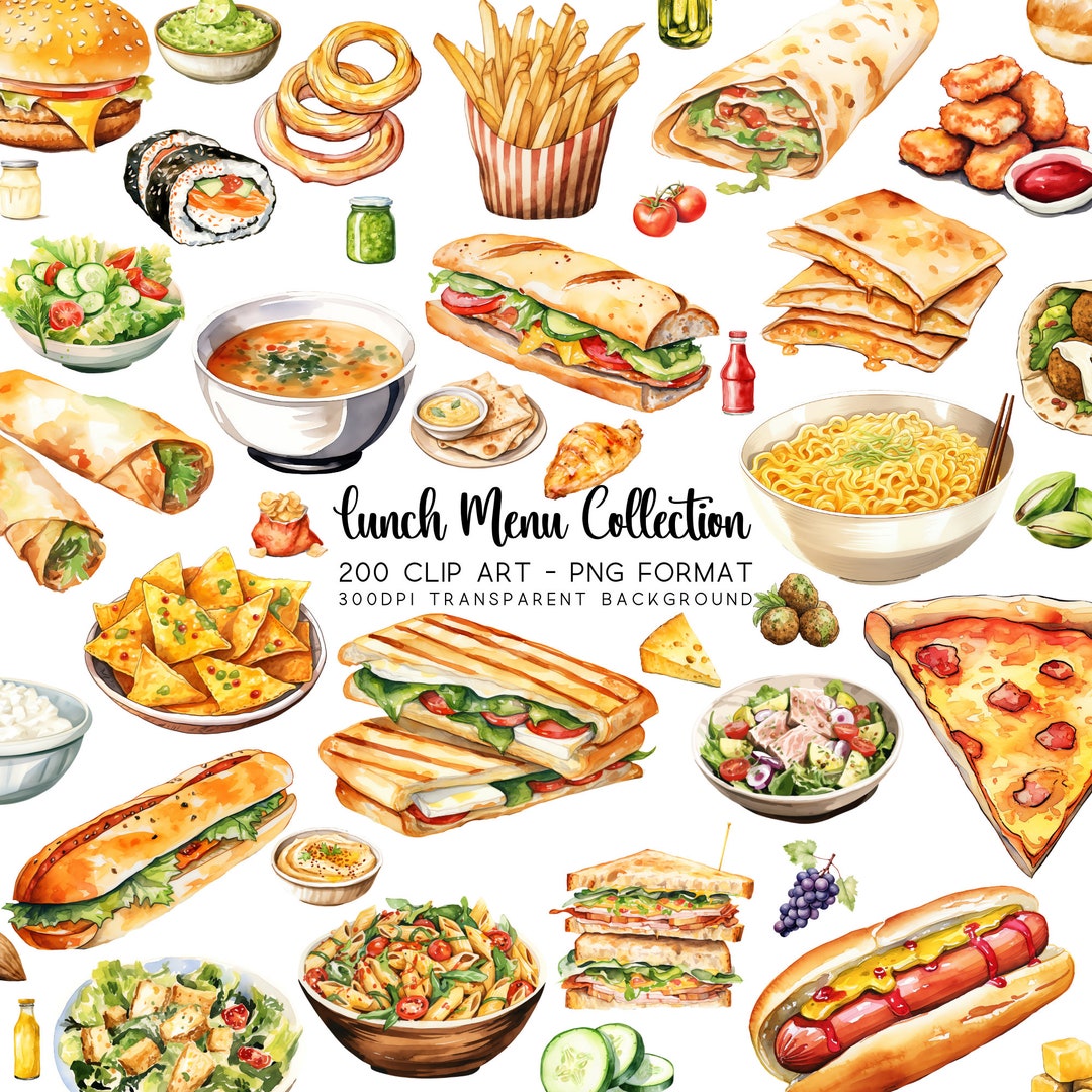 Lunch Clipart Bundle, 200 Menu Clip Art in Watercolour Print PNG/JPG, Transparent Background ...