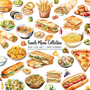 Pacchetto Clipart per pranzo, 200 Clip Art di menu in stampa ad acquerello PNG/JPG, sfondo trasparente, planner stampabile e sublimazioni fai da te
