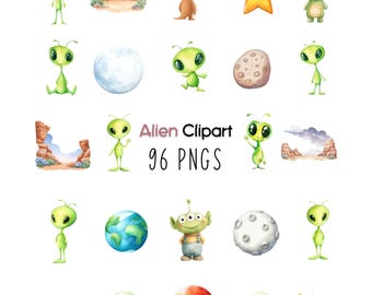 Paquete de imágenes prediseñadas de acuarela de extraterrestres, paquete PNG espacial, gráficos artísticos de escenas de ovnis