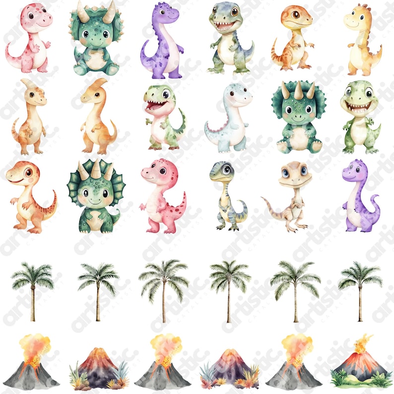 Printable triceratops pack laid out for DIY birthday decorations or educational flashcards.