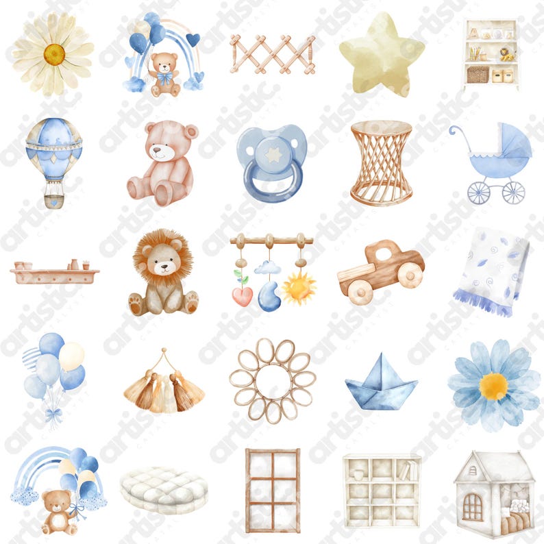Blue Baby Shower Clipart Bundle: Watercolor PNG Prints (digital ...