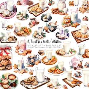 Santa Milk Cookies Clipart Bundle: Festive Cookies, Milk and Hot Chocolate, Cute Holiday PNG and JPG - Perfect for Your Xmas Crafts.