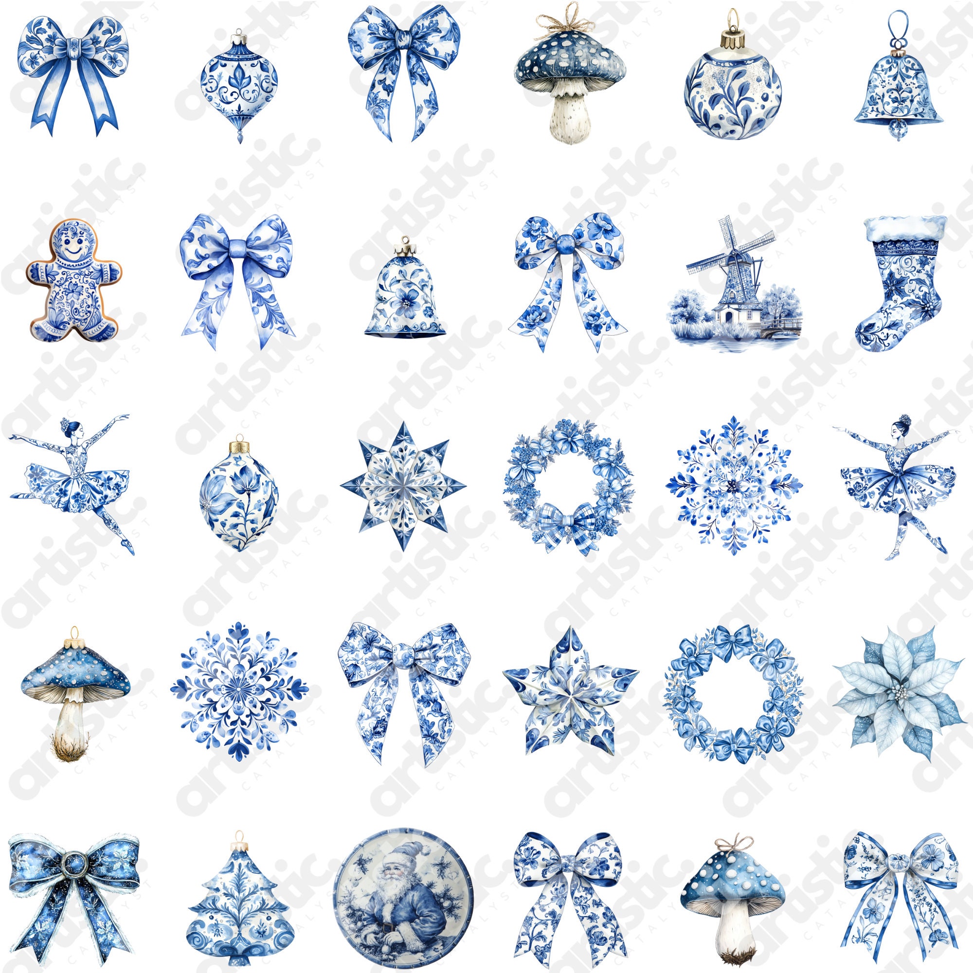 Christmas Delft Clipart: Blue & White Watercolor PNG Images (190) - Etsy