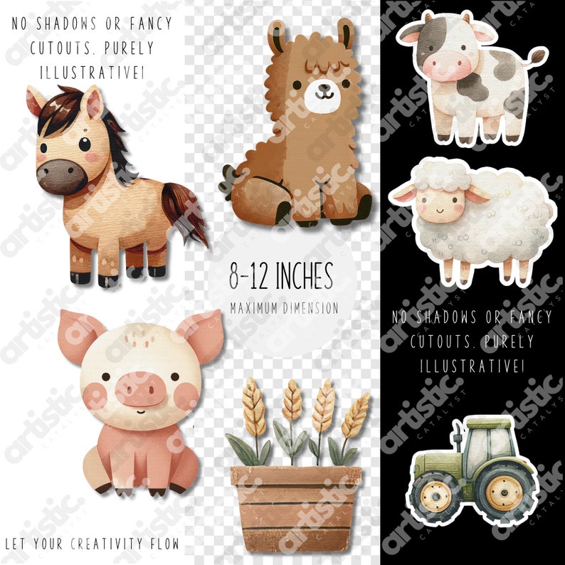 Farm-Themed Clipart Transparency: Alpacas, Tractors, Barns on Checkered Background, Perfect for Kids Party Invitations and Decor