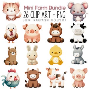 Bundle de cliparts animaux de la ferme, mignons animaux de la basse-cour PNG, clipart bébé ferme pour décoration de chambre d'enfant, aquarelle animaux de la ferme, graphiques d'anniversaire de la ferme