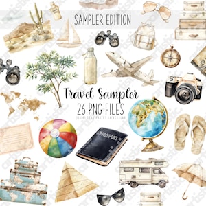 Pacote de clipart de viagem: Luvas PNG aquarela, aviões, barcos, oceano, passaporte, bagagem, bola de praia, bússola | Elementos de cenário e viagem