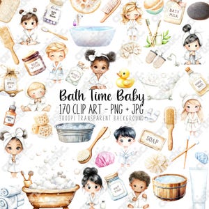 Zestaw uroczych dziecięcych clipartów - Baby Shower Bubbles i gumowa kaczuszka Clipart do dekoracji kąpieli w PNG akwarela cyfrowa sztuka