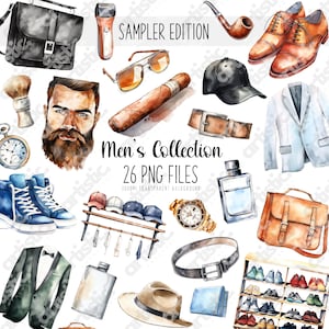 Pacote de clipart masculino - 26 PNG aquarela acessórios masculinos, clipart de charuto, ternos e gravatas, gráficos de moda masculina, clipart de pai