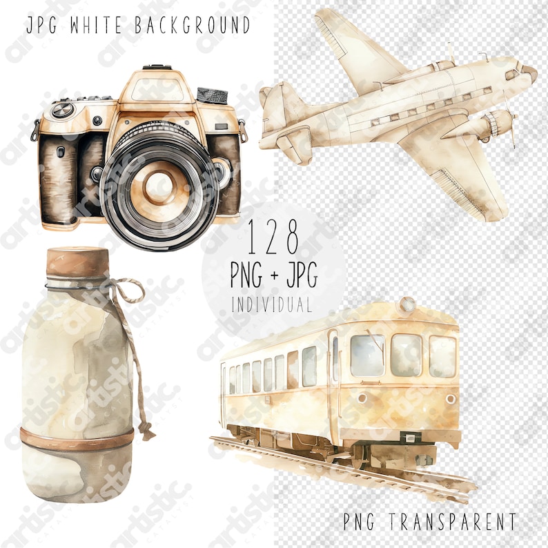 Travel clipart set featuring passports and maps, ideal for travel blogs and planners.